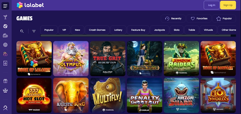 LalaBet Casino lobby screenshot